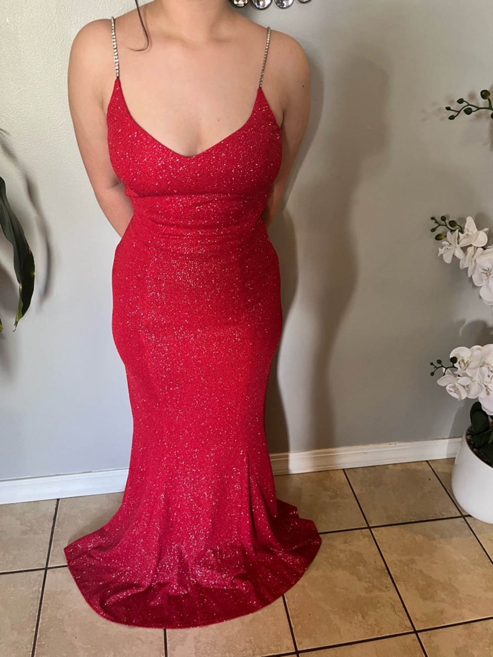 Dave & Johnny Red Glitter Prom Gown with Rhinestone Straps